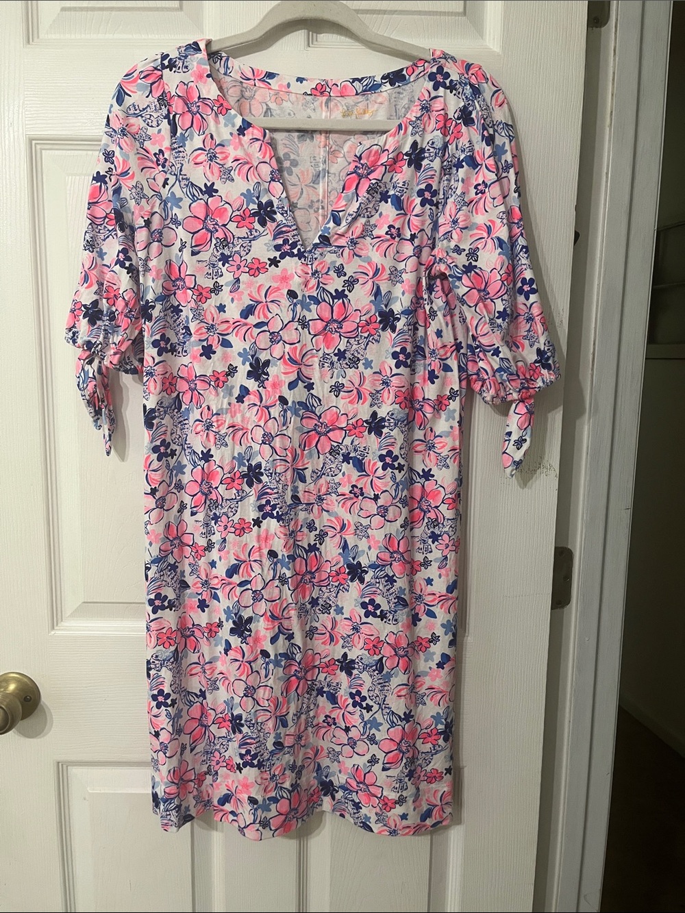 Lilly Pulitzer Pink & Navy Floral Tie-Sleeve Midi Dress